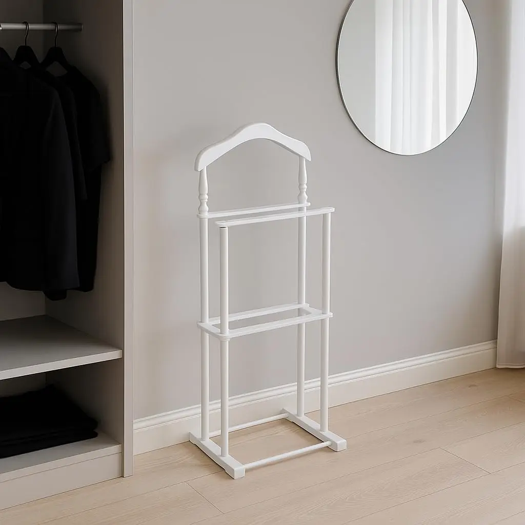 Proman Products Sakura Twin Valet with Wooden Hanger, Trouser Bar & Tie Bar, White | Stylish & Sturdy Clothes Organizer - view 2