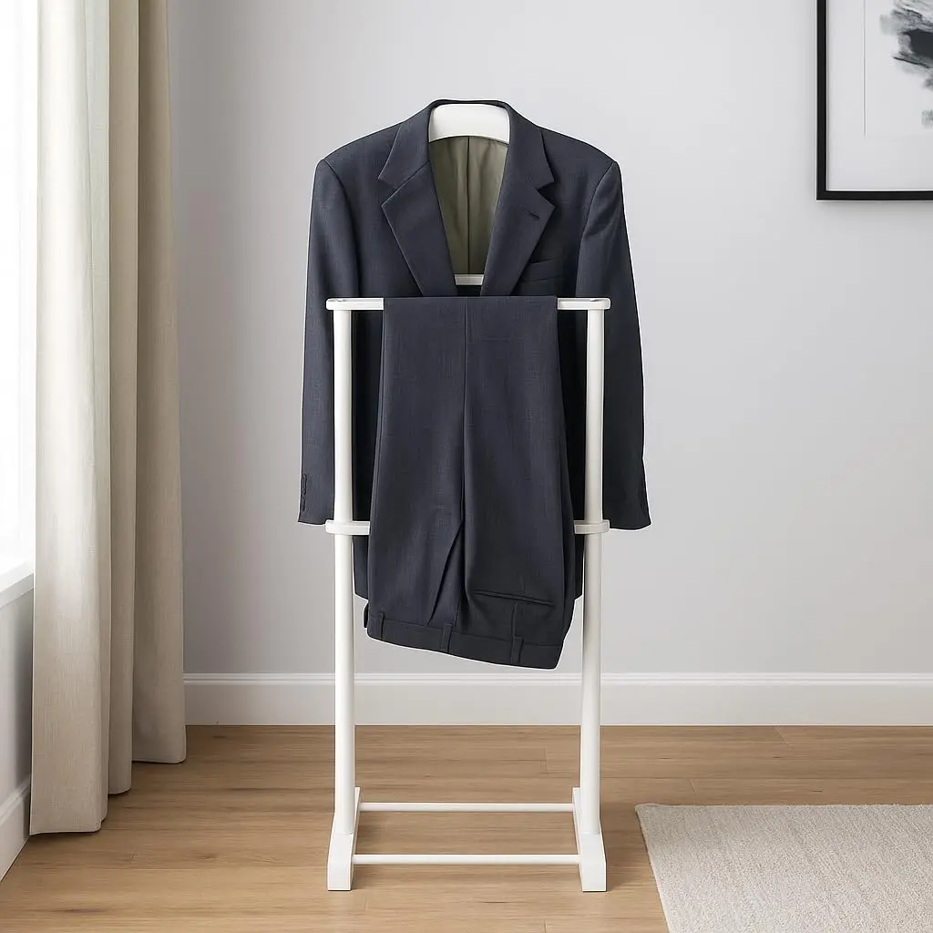 Proman Products Sakura Twin Valet with Wooden Hanger, Trouser Bar & Tie Bar, White | Stylish & Sturdy Clothes Organizer - view 3