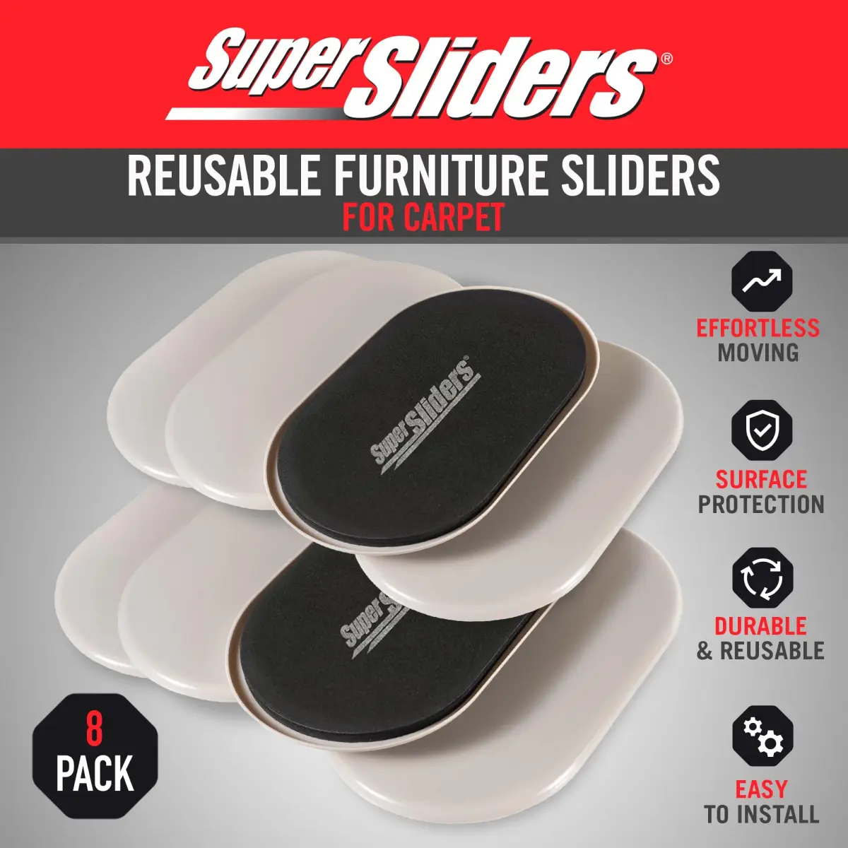 Super Sliders 3-1/2" x 6" Oval Carpet Furniture Sliders (Set of 8, Beige) | Move Heavy Furniture Easily on Carpet - view 2