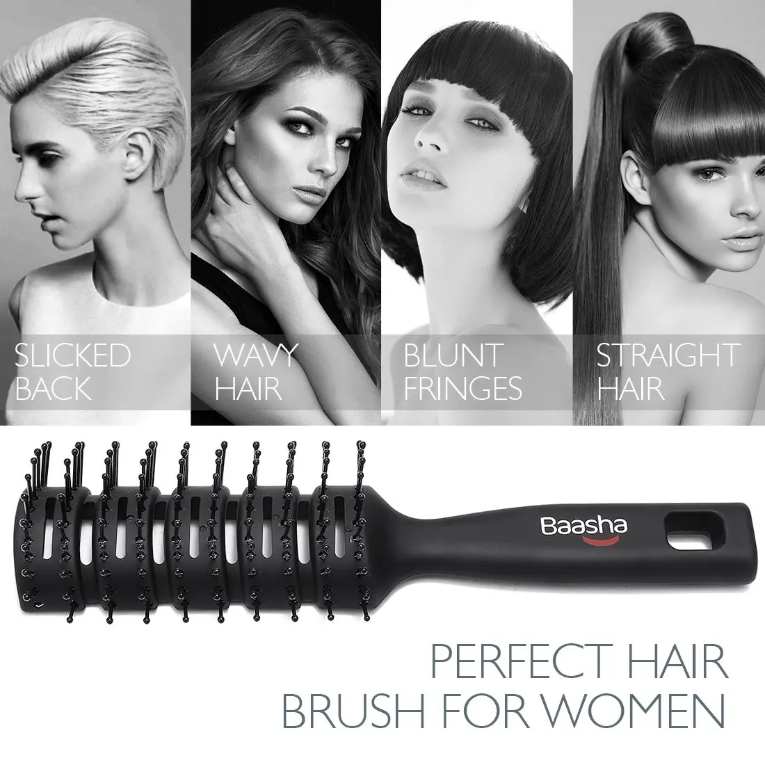 Baasha Vented Hair Brush with Ball-Tipped Bristles for Blow Drying & Detangling, Black | 21.4 cm (8.43 inches) - view 5