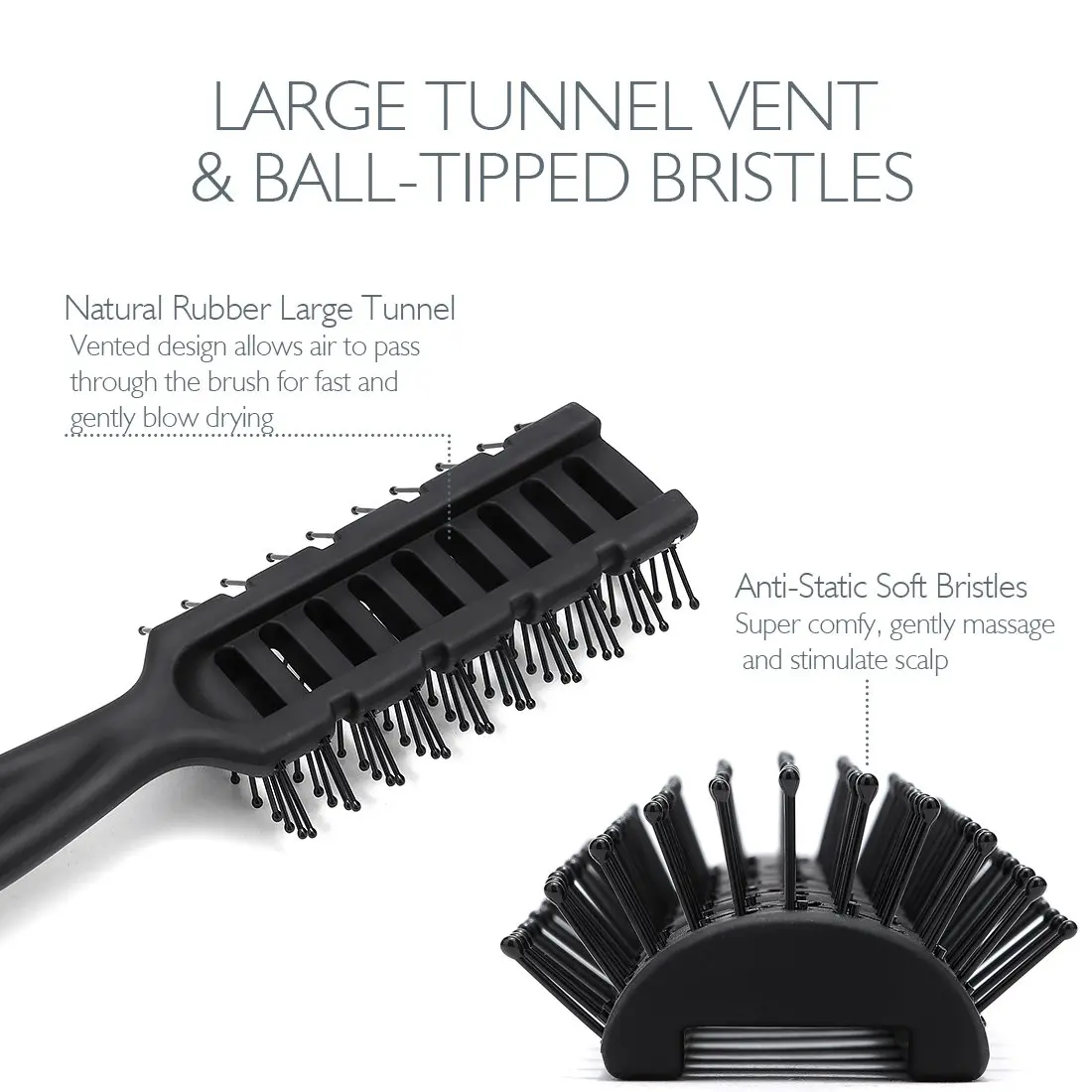Baasha Vented Hair Brush with Ball-Tipped Bristles for Blow Drying & Detangling, Black | 21.4 cm (8.43 inches) - view 2
