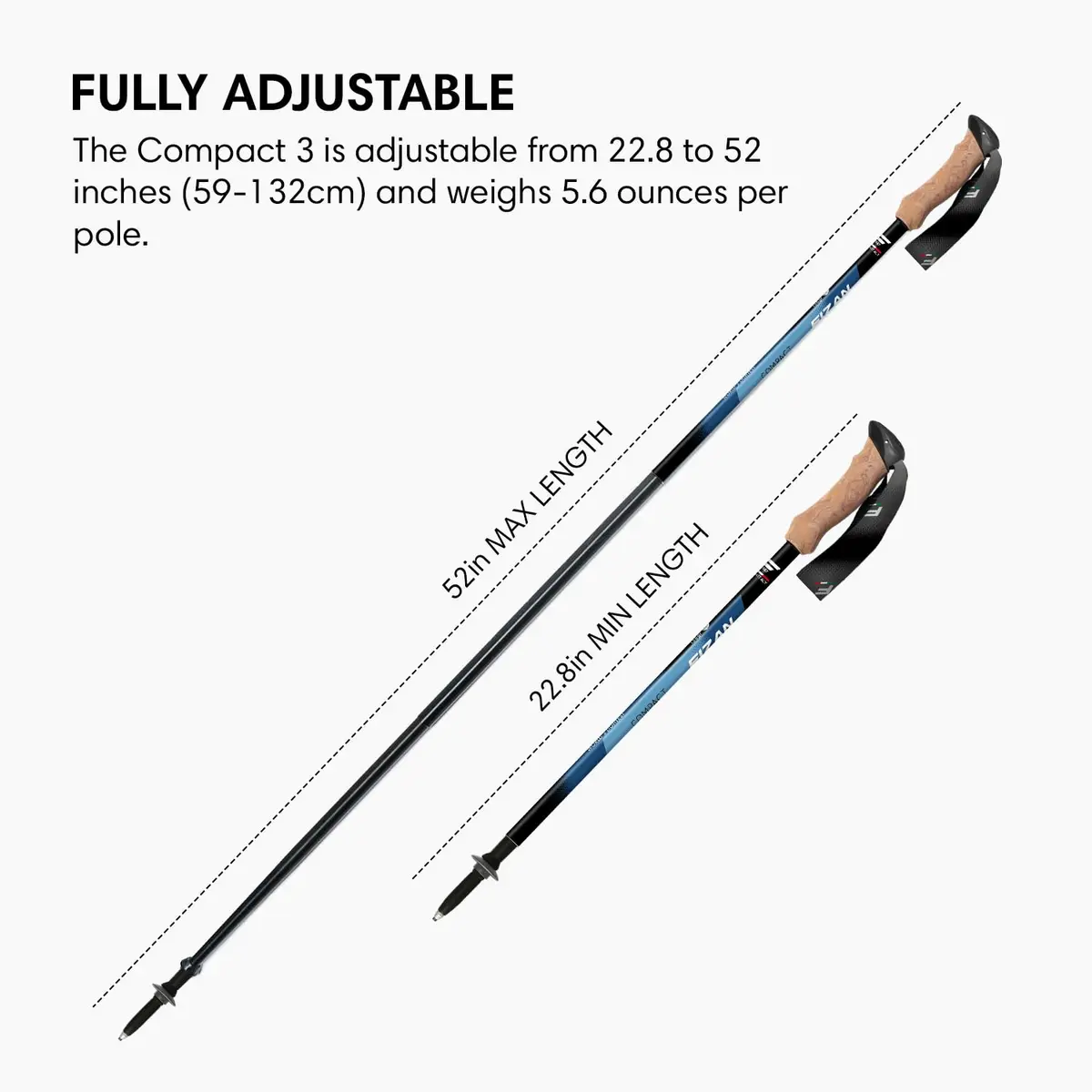 Fizan Compact 3 Trekking Poles | Ultralight Adjustable Aluminum Walking Sticks (Blue/EVA) 52in - view 4