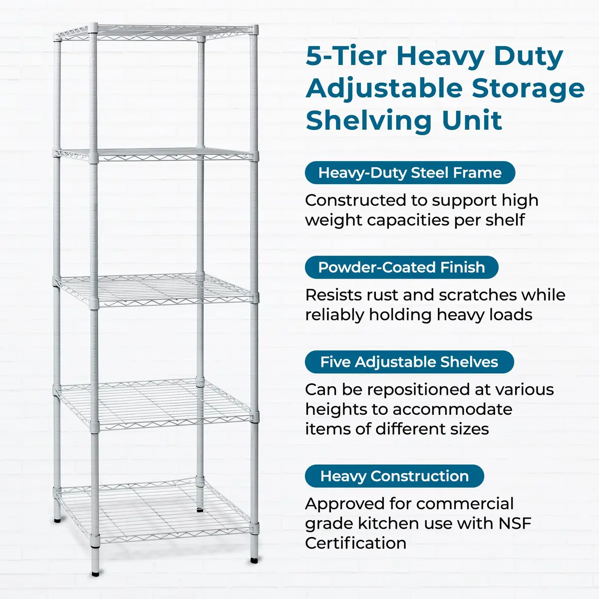 Honey-Can-Do 5-Tier Heavy Duty Adjustable Shelving Unit, 250-lb Per Shelf, NSF Certified, White Wire Shelf for Laundry Kitchen Pantry, 24 x 18 x 72 in - view 6