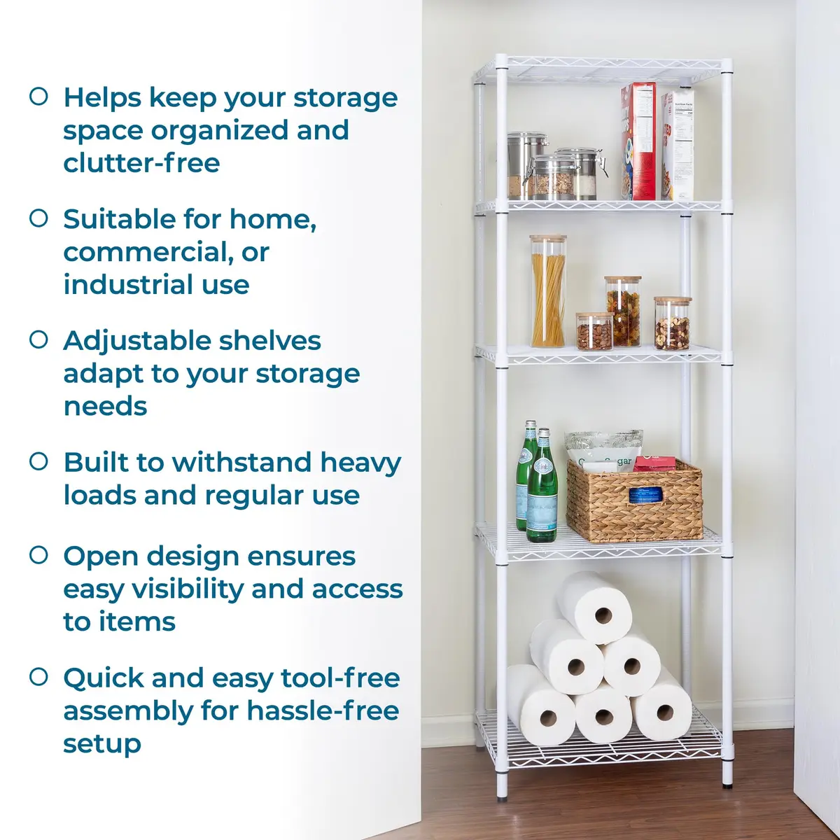 Honey-Can-Do 5-Tier Heavy Duty Adjustable Shelving Unit, 250-lb Per Shelf, NSF Certified, White Wire Shelf for Laundry Kitchen Pantry, 24 x 18 x 72 in - view 7