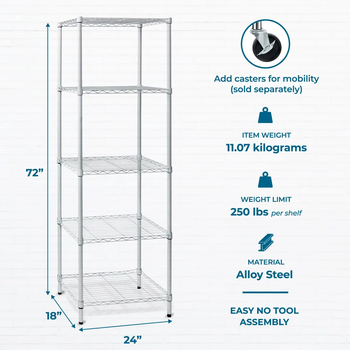 Honey-Can-Do 5-Tier Heavy Duty Adjustable Shelving Unit, 250-lb Per Shelf, NSF Certified, White Wire Shelf for Laundry Kitchen Pantry, 24 x 18 x 72 in - view 8