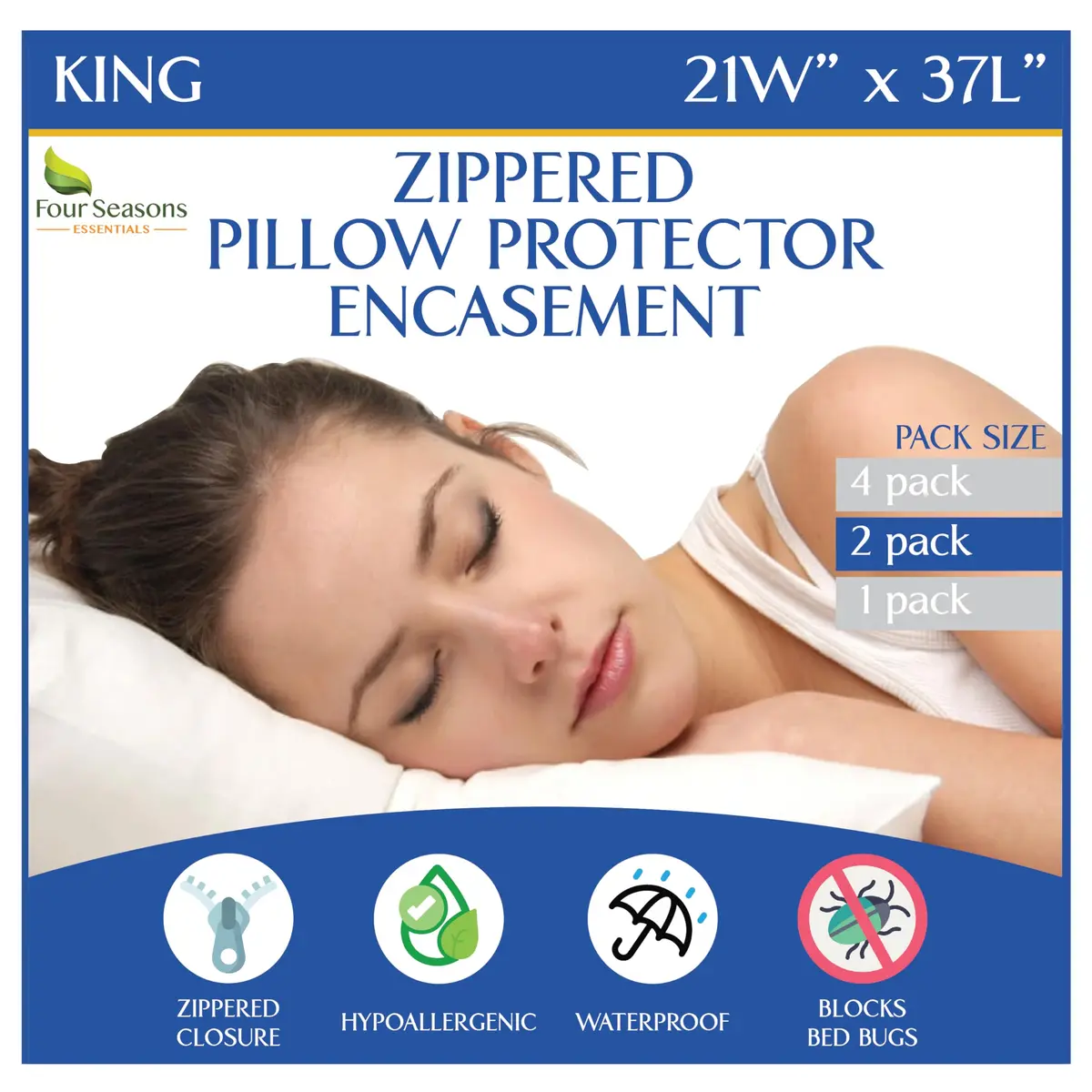 Four Seasons Essentials Waterproof King Pillow Protectors (Set of 2) – Zippered Pillow Cover 51cm x 79cm | Hypoallergenic Dust Allergy Proof Encasement - main product image