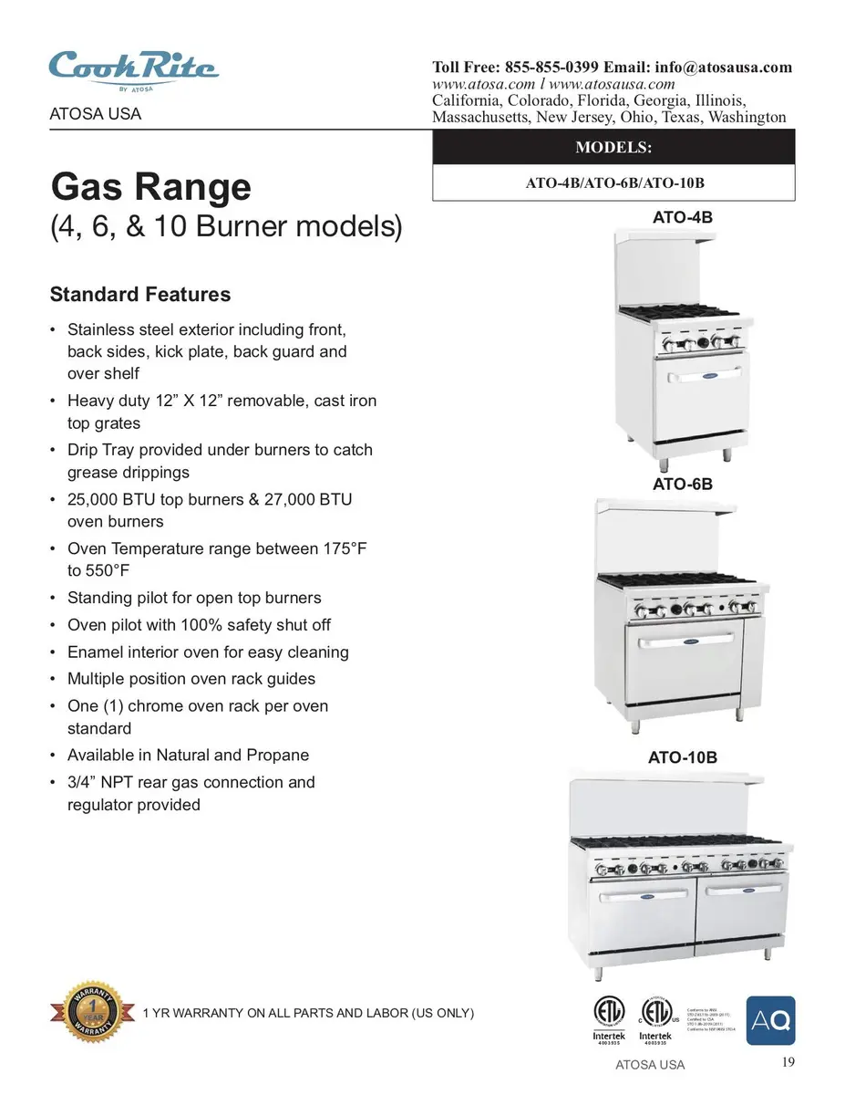 Atosa AGR Commercial Gas Range, 36" Gas Range, (6) Burners, Standard Oven, Natural Gas - view 2
