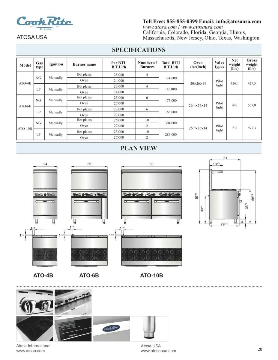 Atosa AGR Commercial Gas Range, 36" Gas Range, (6) Burners, Standard Oven, Natural Gas - view 3