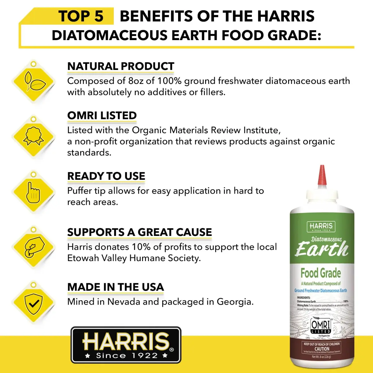 HARRIS Food Grade Diatomaceous Earth Powder 237ml (8oz) | OMRI Listed for Organic Use - view 2