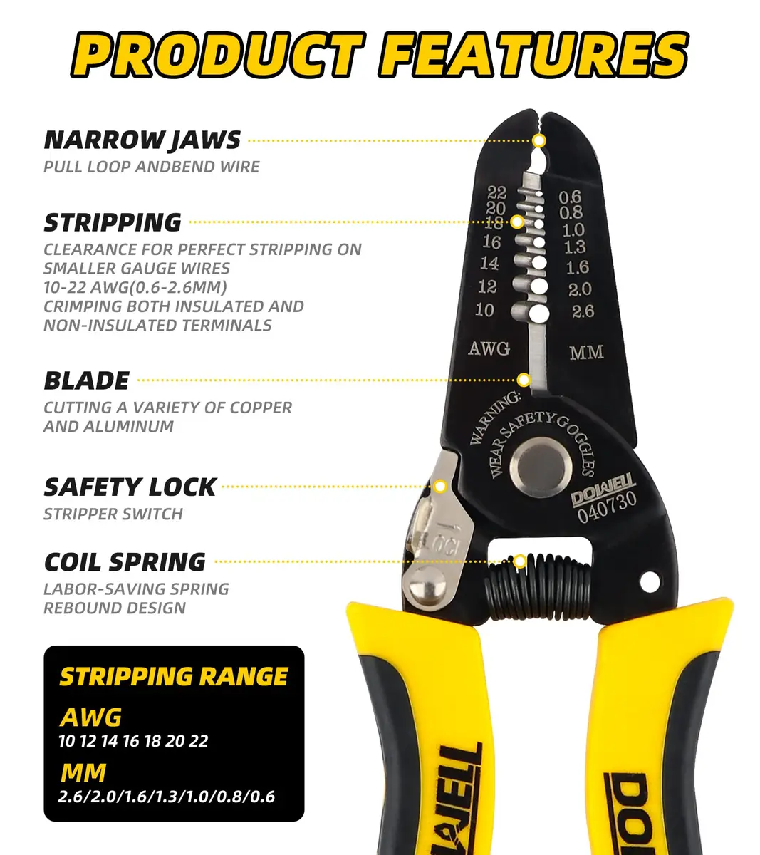 DOWELL Wire Stripper, Cutter, Crimper Tool 10-22 AWG | Multifunctional Plier for Electricians - view 3