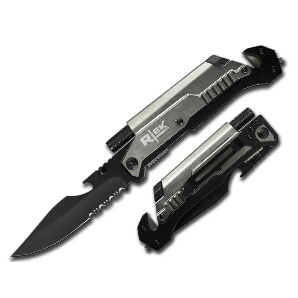 Rtek 9" Tactical Spring Assisted Silver Survival Pocket Knife with LED Light & Fire Starter (Grey) - main product image