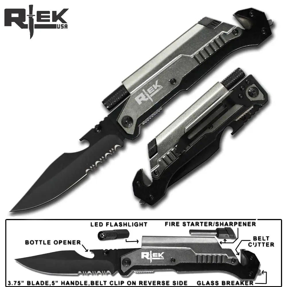 Rtek 9" Tactical Spring Assisted Silver Survival Pocket Knife with LED Light & Fire Starter (Grey) - view 2