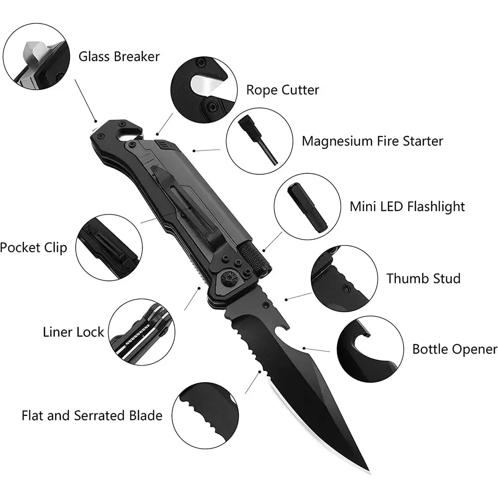 Rtek 9" Tactical Spring Assisted Silver Survival Pocket Knife with LED Light & Fire Starter (Grey) - view 3