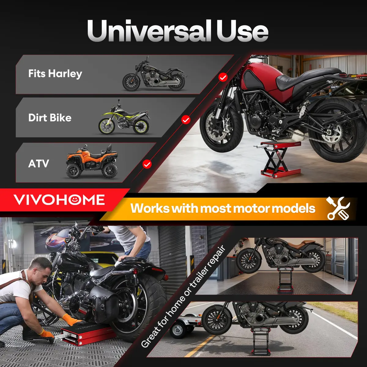 VIVOHOME 1100 LBS Motorcycle Lift Scissor Jack, Wide Deck Hoist Stand, Red | Heavy-Duty Steel, Precise Height Adjustment - view 5