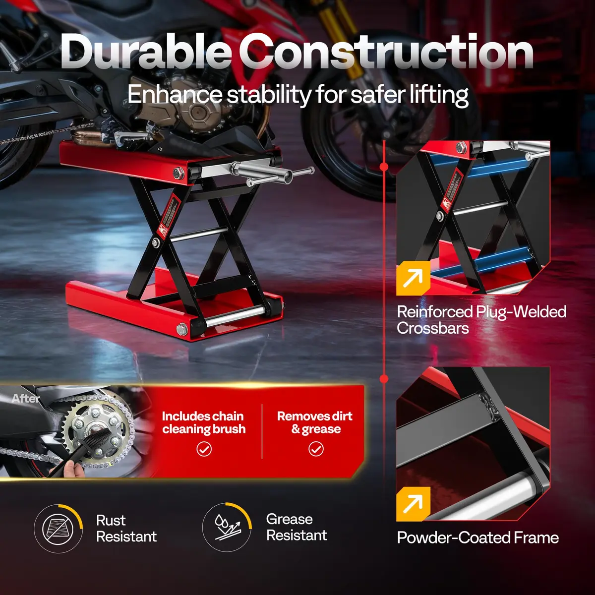 VIVOHOME 1100 LBS Motorcycle Lift Scissor Jack, Wide Deck Hoist Stand, Red | Heavy-Duty Steel, Precise Height Adjustment - view 6