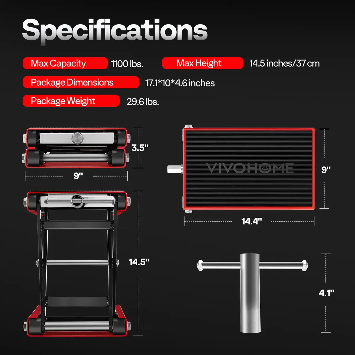 VIVOHOME 1100 LBS Motorcycle Lift Scissor Jack, Wide Deck Hoist Stand, Red | Heavy-Duty Steel, Precise Height Adjustment - view 7