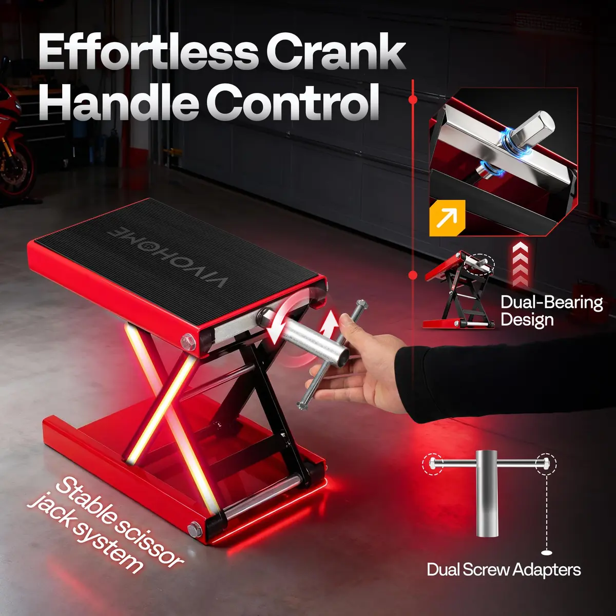 VIVOHOME 1100 LBS Motorcycle Lift Scissor Jack, Wide Deck Hoist Stand, Red | Heavy-Duty Steel, Precise Height Adjustment - view 3