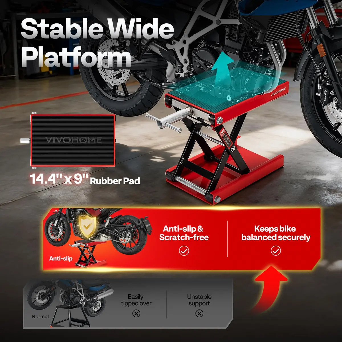 VIVOHOME 1100 LBS Motorcycle Lift Scissor Jack, Wide Deck Hoist Stand, Red | Heavy-Duty Steel, Precise Height Adjustment - view 4