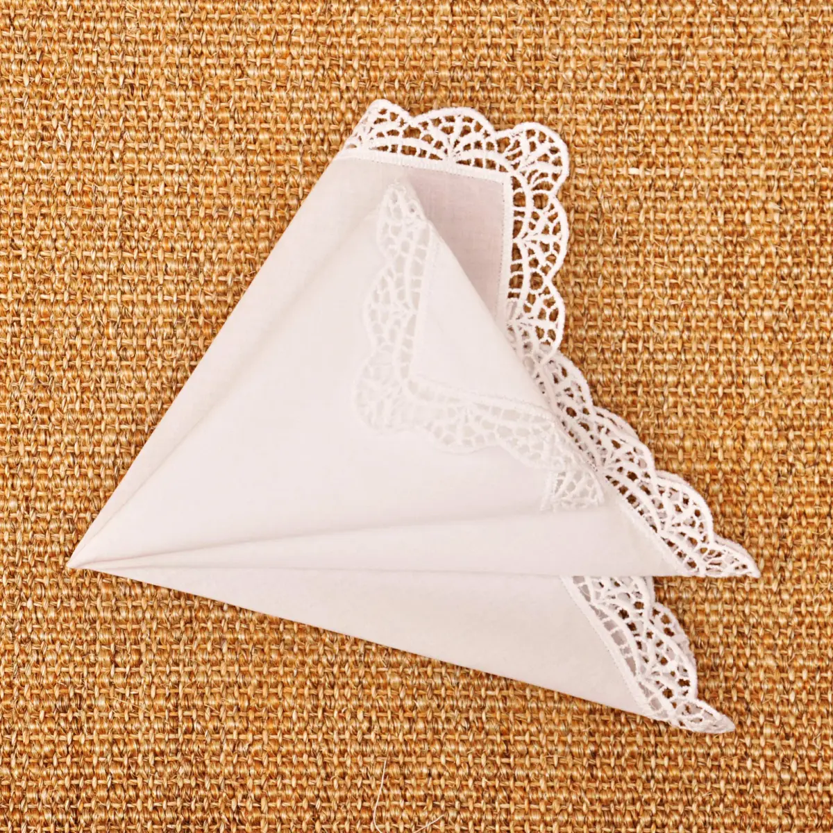 Milesky White Wedding Handkerchief Pure Cotton with Crochet Lace CH05 (30x30cm / 11.5x11.5") | Elegant Bridal Accessory - view 5