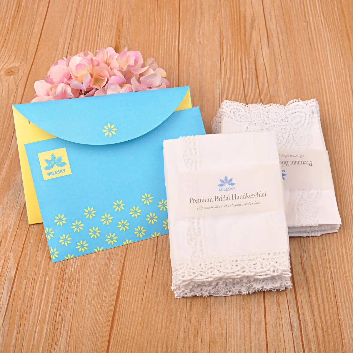 Milesky White Wedding Handkerchief Pure Cotton with Crochet Lace CH05 (30x30cm / 11.5x11.5") | Elegant Bridal Accessory - view 7