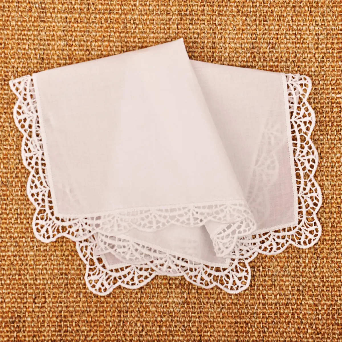 Milesky White Wedding Handkerchief Pure Cotton with Crochet Lace CH05 (30x30cm / 11.5x11.5") | Elegant Bridal Accessory - view 4