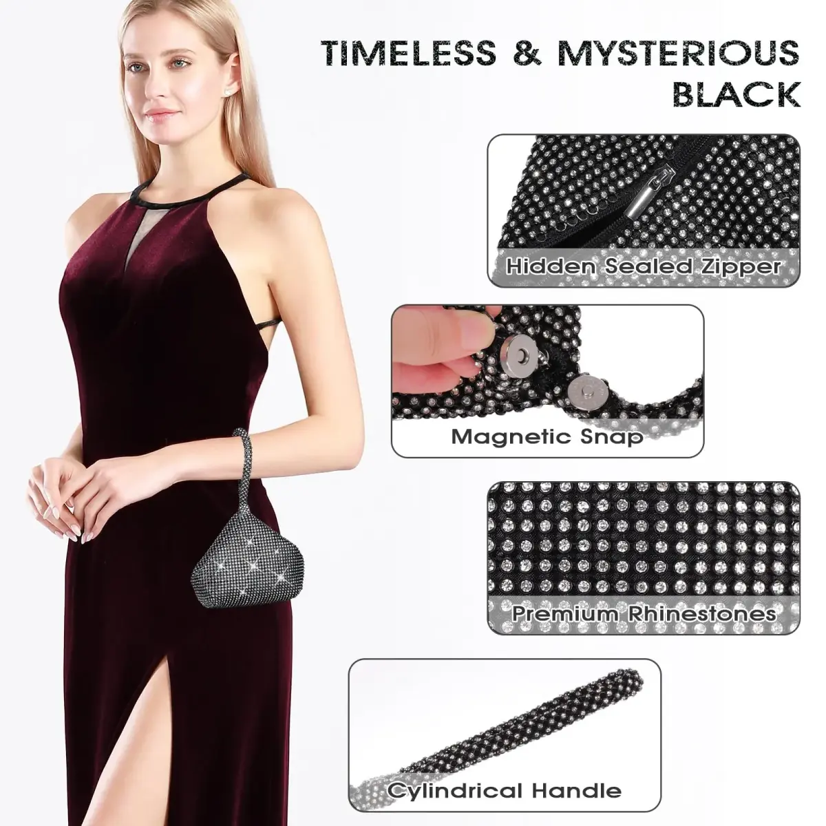 JIAN YA NA Rhinestone Trihedral Clutch Evening Bag 11.3cm (4.7") x 15.5cm (5.9") | Black Bling Zipper Wedding Purse - view 3