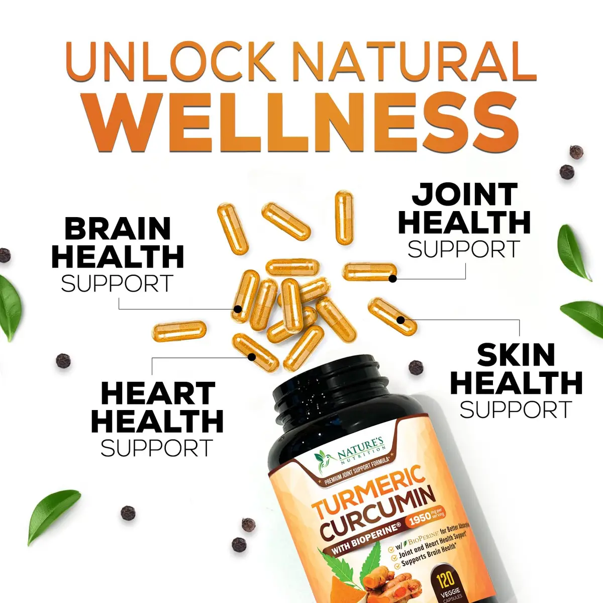 Nature's Nutrition Turmeric Curcumin Supplement 1950mg with BioPerine | Vegan Joint Support Capsules (120 Count) - view 7