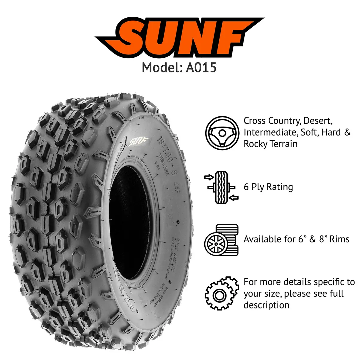 SUNF 145/70-6 Tubeless 6 Ply ATV Tire | All-Terrain Traction & Rugged Durability - view 2