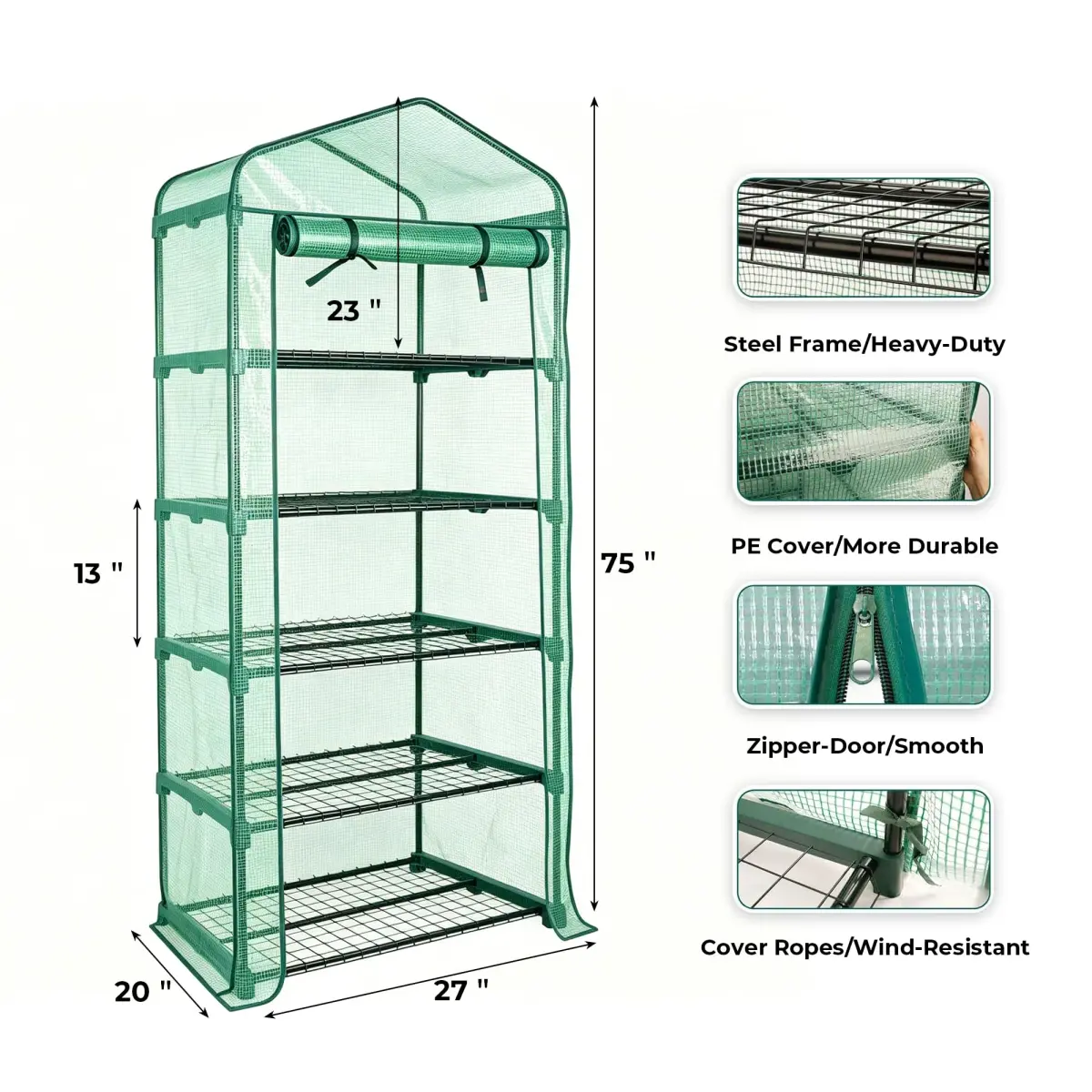 Worth Garden 4 Tier Mini Greenhouse 160cm (63") H x 68cm (27") L x 48cm (19") W | Sturdy Portable Gardening Shelves with PVC Cover - view 6