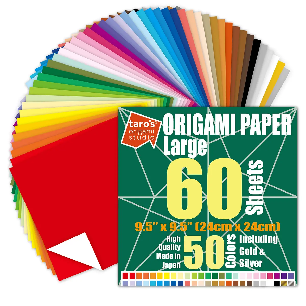 Taro's Origami Studio Large 9.5 Inch (24 cm) 50 Colors 60 Sheets Square Origami Paper | Authentic Japanese Kami - main product image