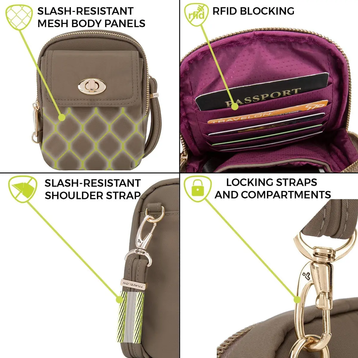 Travelon Anti-Theft Tailored Crossbody Phone Pouch Sable | Stadium Approved, RFID Blocking, Locking Zippers - view 5
