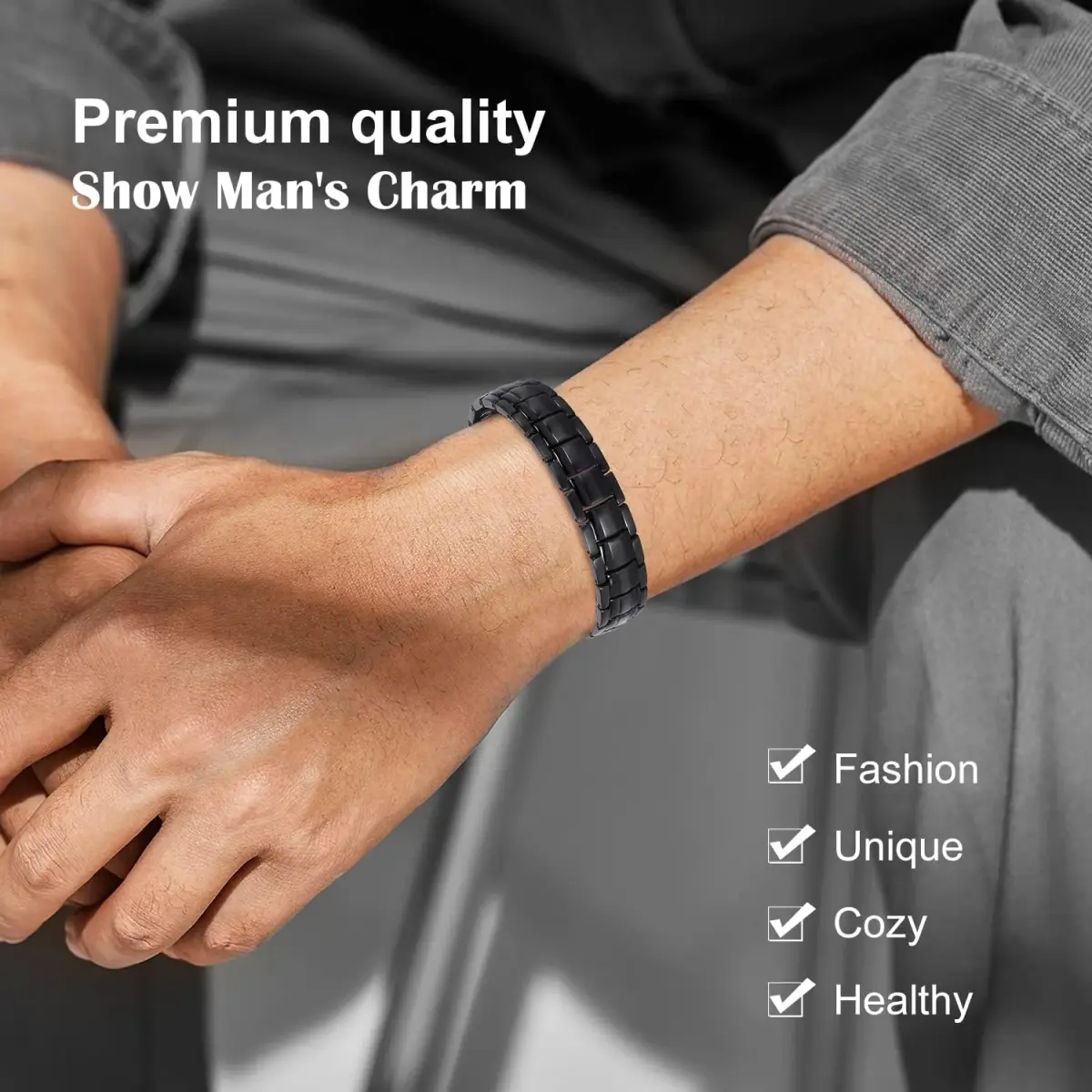 JEROOT Black Magnetic Bracelet for Men | Pure Titanium with 44 x 3500 Gauss Magnets - view 2