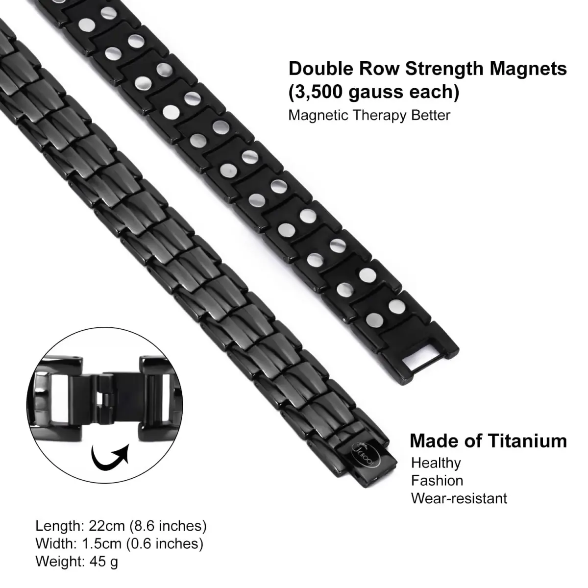 JEROOT Black Magnetic Bracelet for Men | Pure Titanium with 44 x 3500 Gauss Magnets - view 4