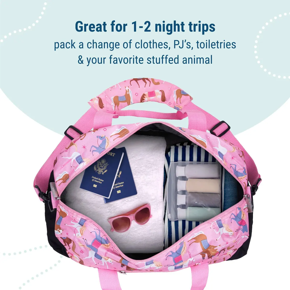 Wildkin Overnighter Duffel Bag for Kids, Horses | Roomy 18 x 9 x 9 in, Polyester, Fully Lined, Removable Shoulder Strap - view 6