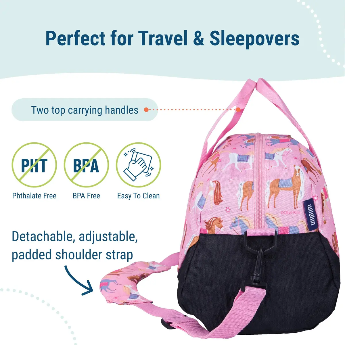 Wildkin Overnighter Duffel Bag for Kids, Horses | Roomy 18 x 9 x 9 in, Polyester, Fully Lined, Removable Shoulder Strap - view 4