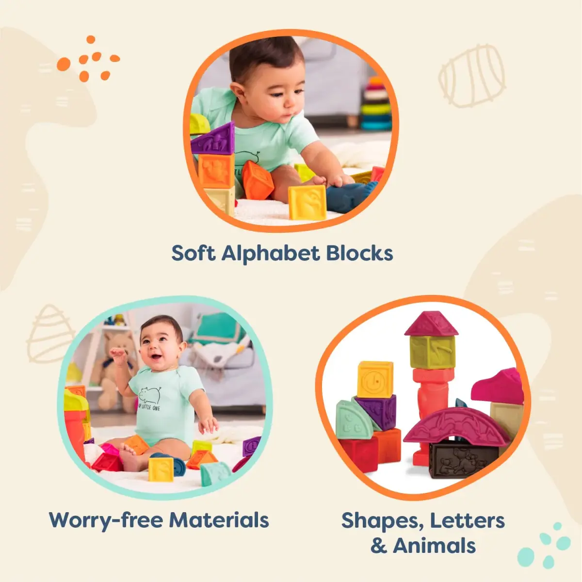 B. toys Elemenosqueeze Baby Blocks, 26 Soft Alphabet Building Blocks | Educational & Sensory Play for Ages 6 Months+ - view 2