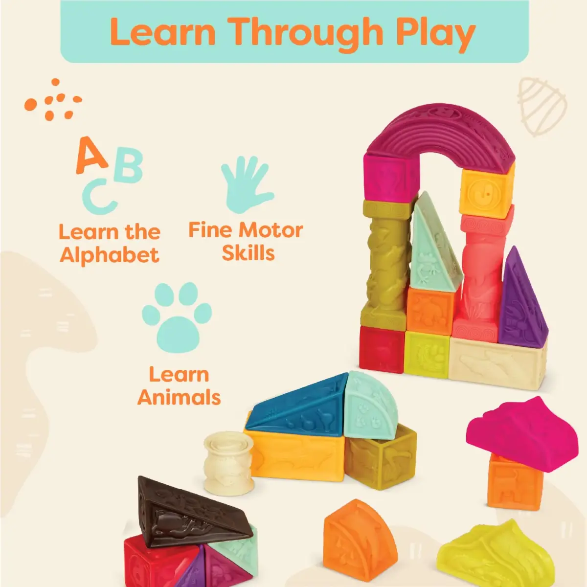 B. toys Elemenosqueeze Baby Blocks, 26 Soft Alphabet Building Blocks | Educational & Sensory Play for Ages 6 Months+ - view 3