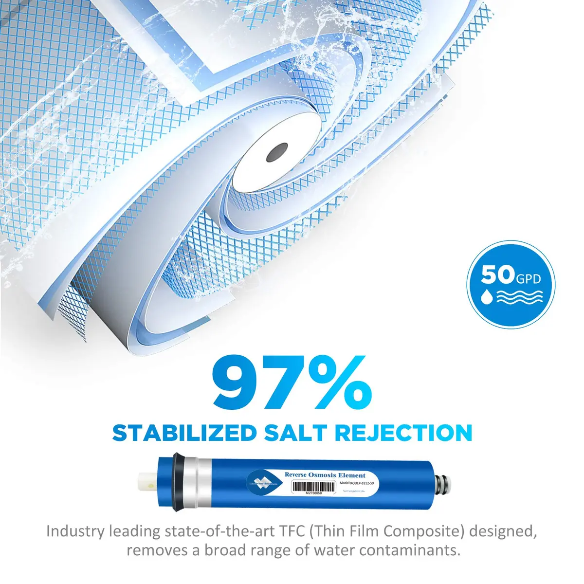 Membrane Solutions NSF/ANSI 58 Certified 50 GPD Reverse Osmosis Membrane | High Rejection & Compatibility (70-120 chars) - view 3