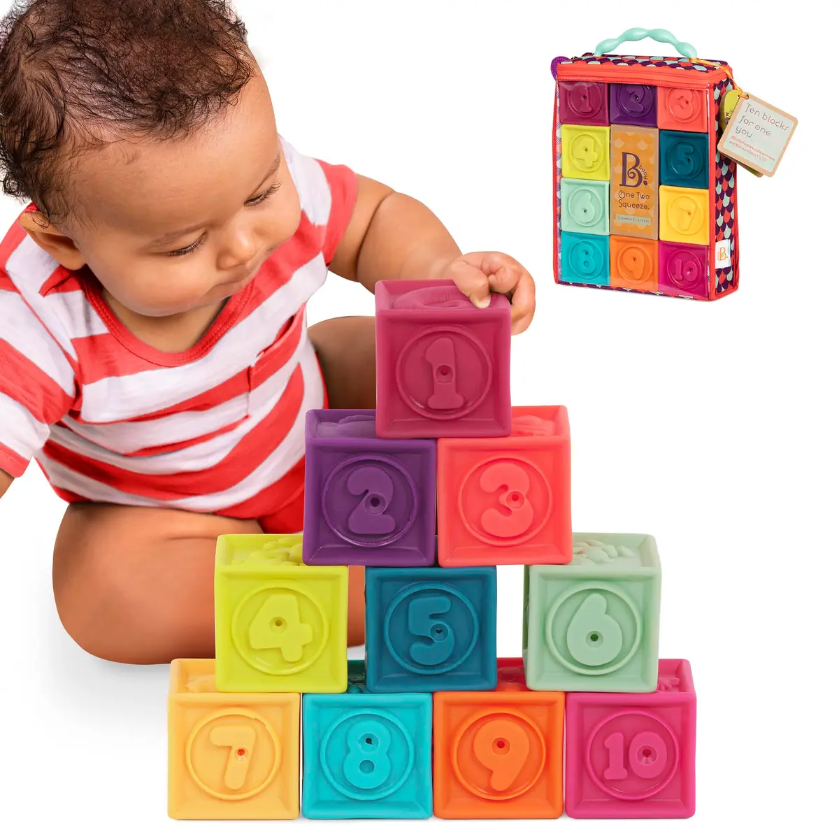 B. toys One Two Squeeze Soft Stacking Blocks 10-Piece Set | Educational Toy for Babies 6+ Months - main product image