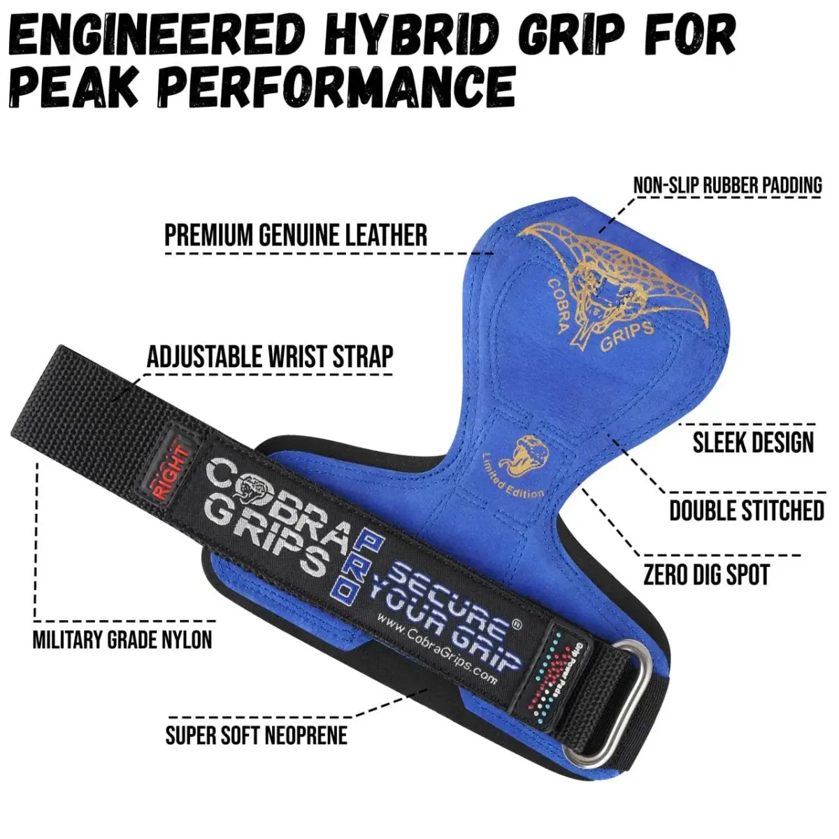 Cobra Grips PRO Weight Lifting Gloves with Wrist Wraps - 6mm Neoprene, Blue Leather | Patented Ergonomic Design for Deadlifts & Pull-ups - view 5