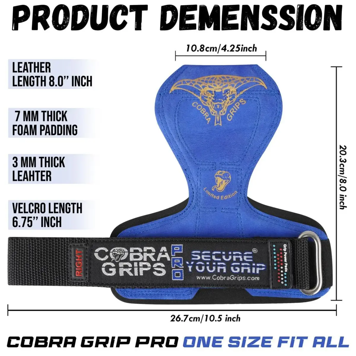 Cobra Grips PRO Weight Lifting Gloves with Wrist Wraps - 6mm Neoprene, Blue Leather | Patented Ergonomic Design for Deadlifts & Pull-ups - view 6