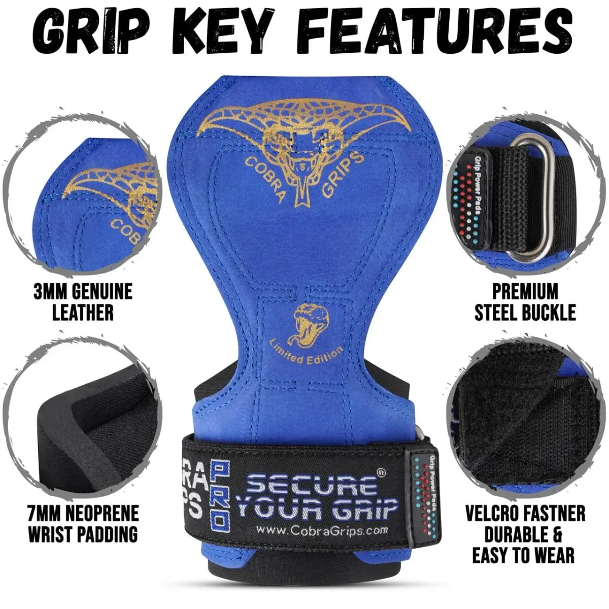 Cobra Grips PRO Weight Lifting Gloves with Wrist Wraps - 6mm Neoprene, Blue Leather | Patented Ergonomic Design for Deadlifts & Pull-ups - view 3