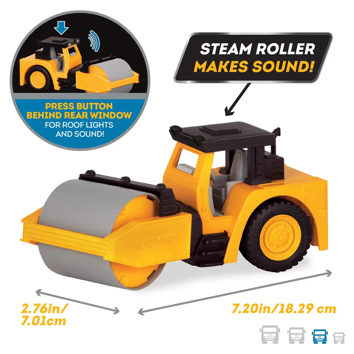 Driven by Battat Steam Roller Toy with Lights & Sounds | 19cm (7.5in) Construction Vehicle for Kids 3+ - view 2