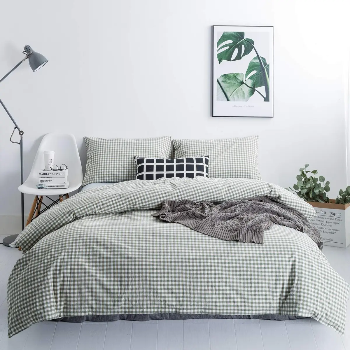 SUSYBAO Green Gingham Duvet Cover King Size | Breathable 100% Washed Cotton for All Seasons - main product image