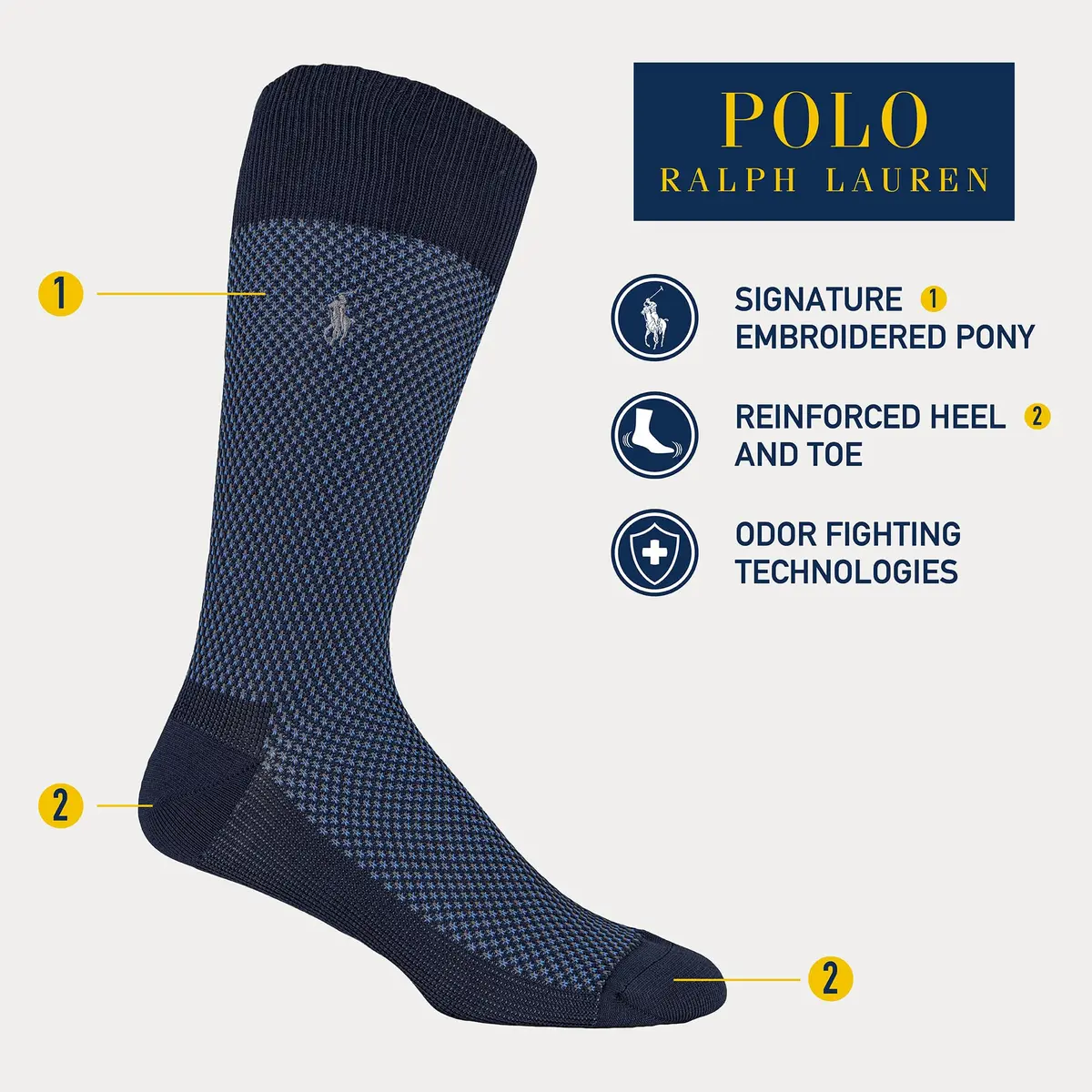 POLO RALPH LAUREN Mens Birdseye Dress Crew Socks 6-12.5 US Navy | Signature Embroidered Pony & Reinforced Toe - view 6