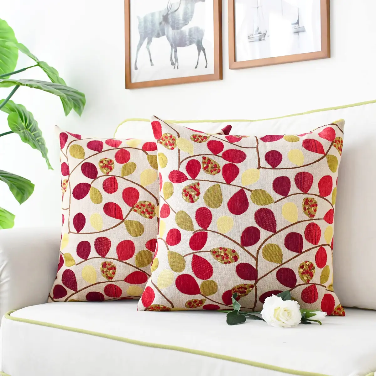 CaliTime Fall Decorative Throw Pillow Covers 18 x 18 Inches | Luxurious Leaf Design, Ecru Red, Heavy & Thick Fabric - view 5