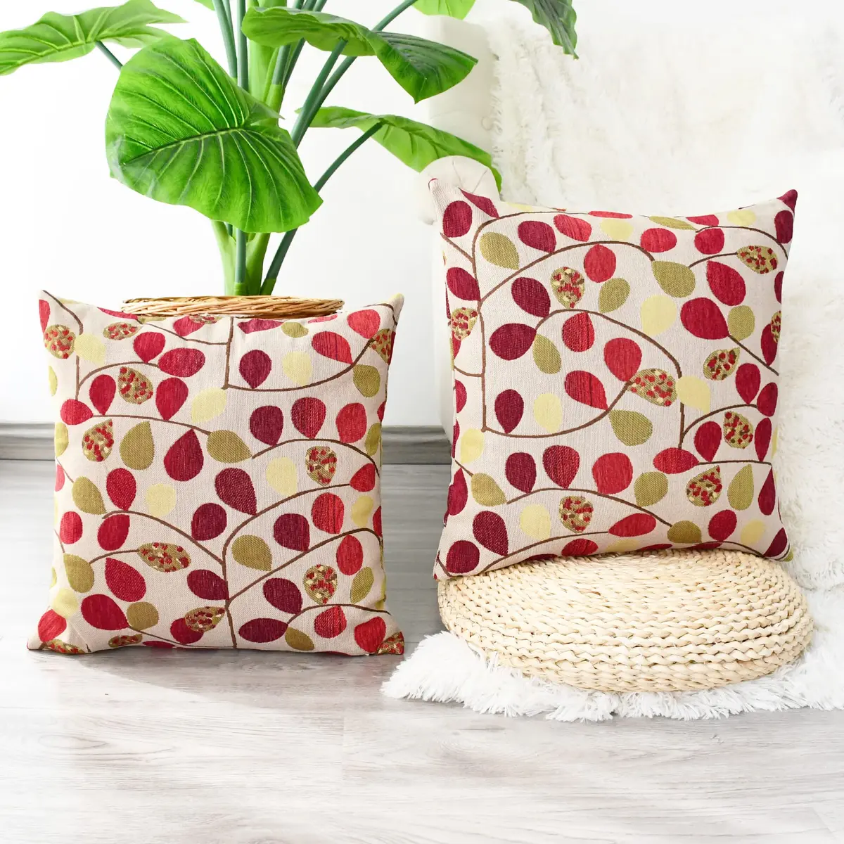 CaliTime Fall Decorative Throw Pillow Covers 18 x 18 Inches | Luxurious Leaf Design, Ecru Red, Heavy & Thick Fabric - view 3