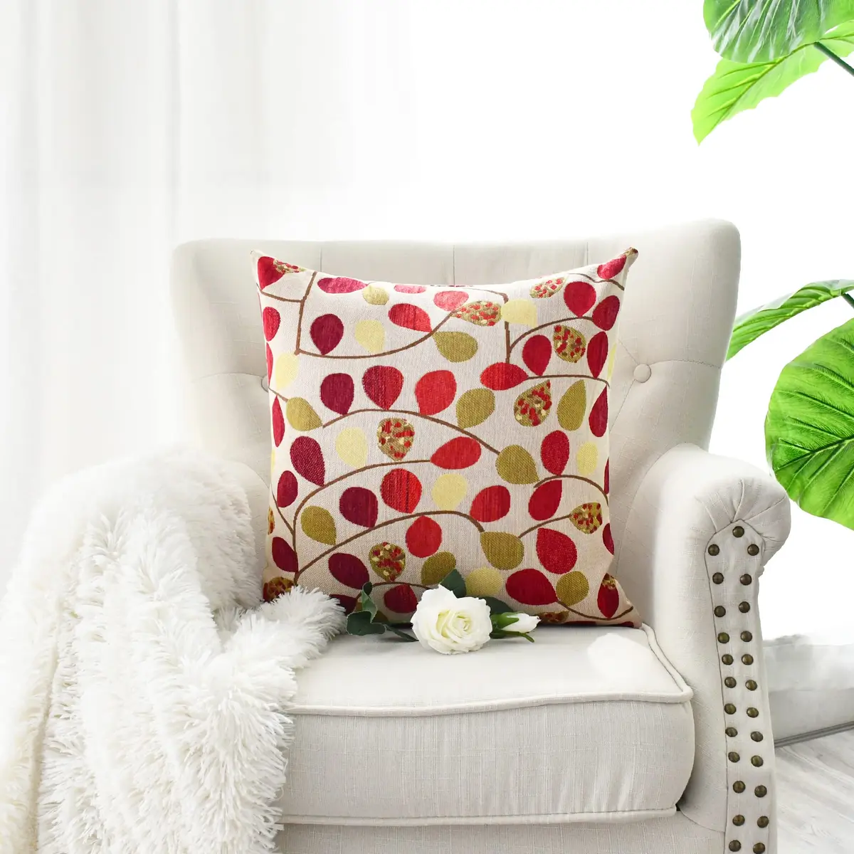 CaliTime Fall Decorative Throw Pillow Covers 18 x 18 Inches | Luxurious Leaf Design, Ecru Red, Heavy & Thick Fabric - view 4