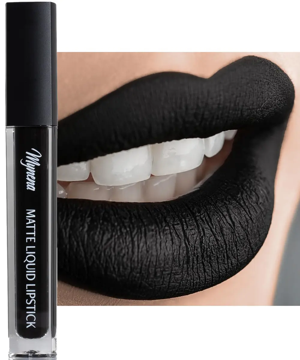Mynena Jet Black Long Lasting Waterproof Matte Liquid Lipstick - Linda | Vegan, Transfer-Resistant, 0.22 Fl Oz - main product image