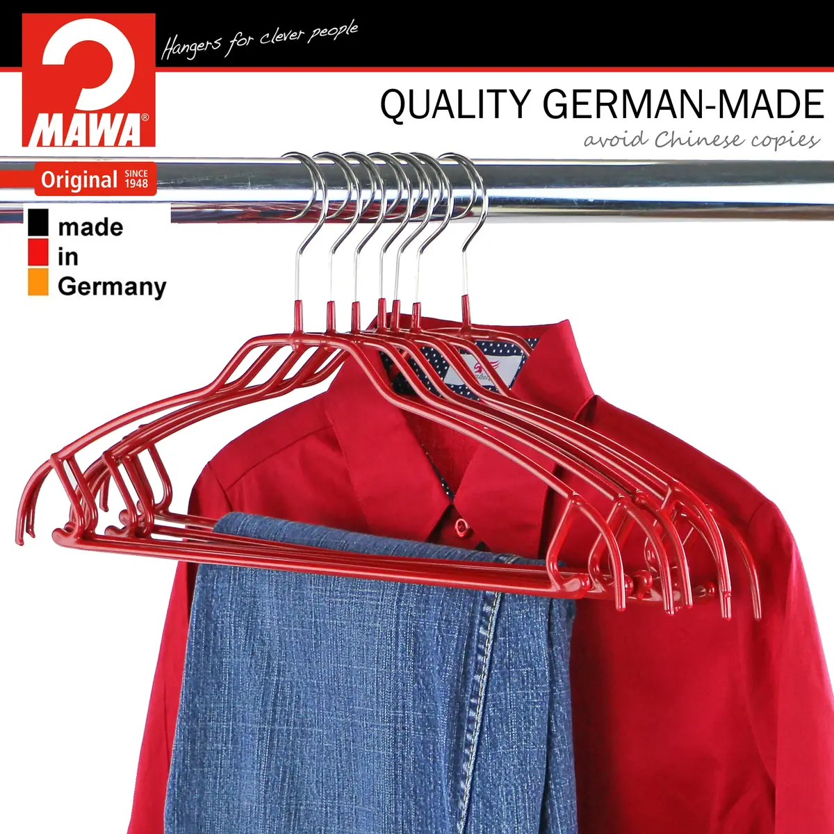 MAWA Silhouette Ultra-Thin Series Non-Slip Space Saving Shirt Hanger with Pant Bar & Skirt Hooks, Pack of 2, Red | Germany Quality - view 6